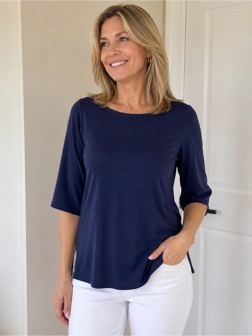 Eileen Fisher Deep Navy Boatneck Three-Quarter Sleeves top Med NWT